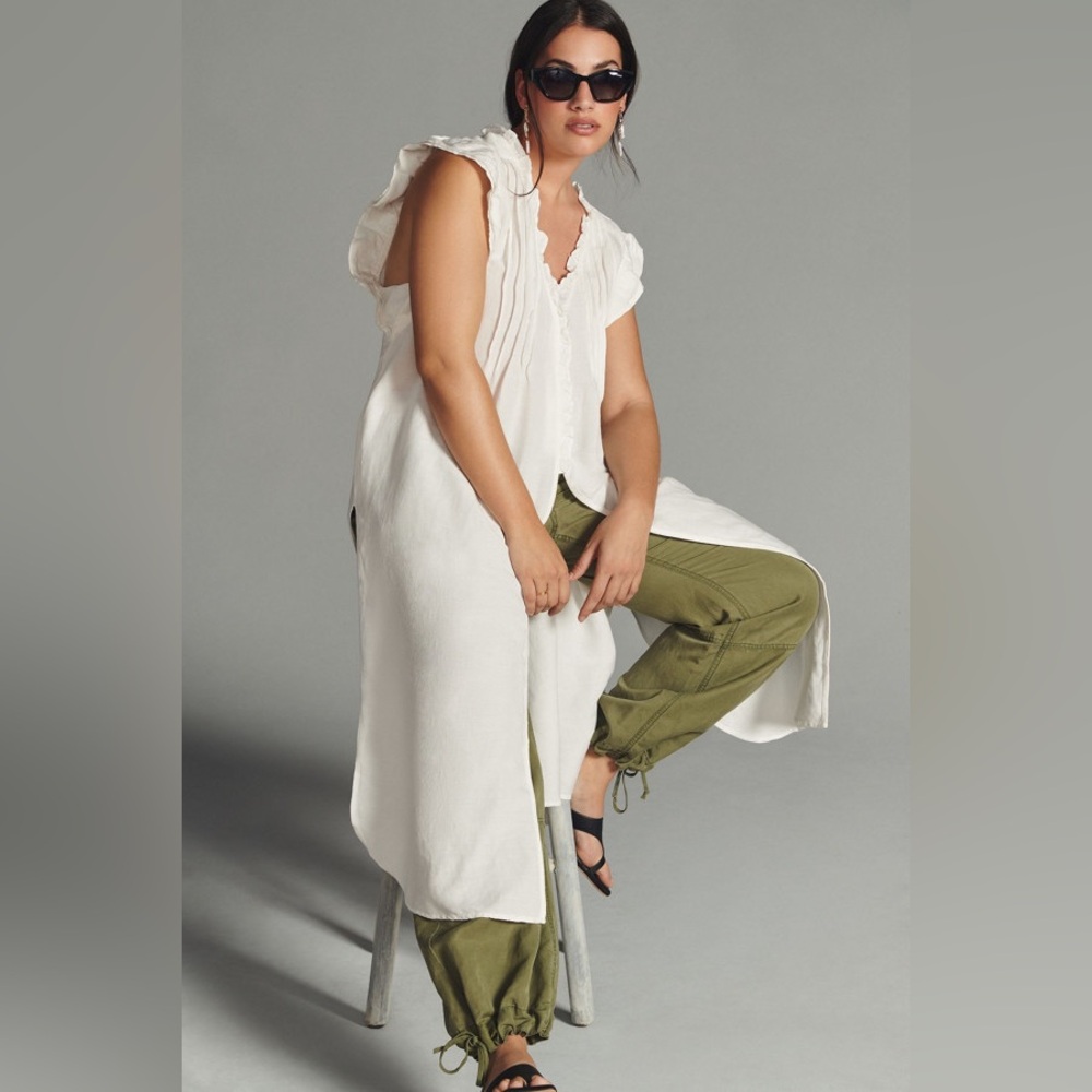 Anthropologie White Sleeveless Ruffles Long Tunic Top